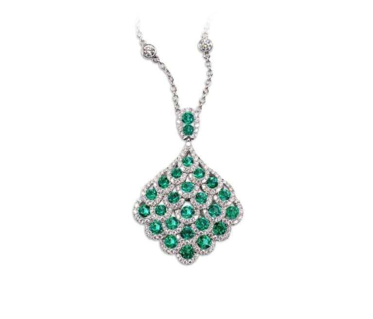 Emerald and diamond jewelry, luxury necklace, fine gemstone pendant.