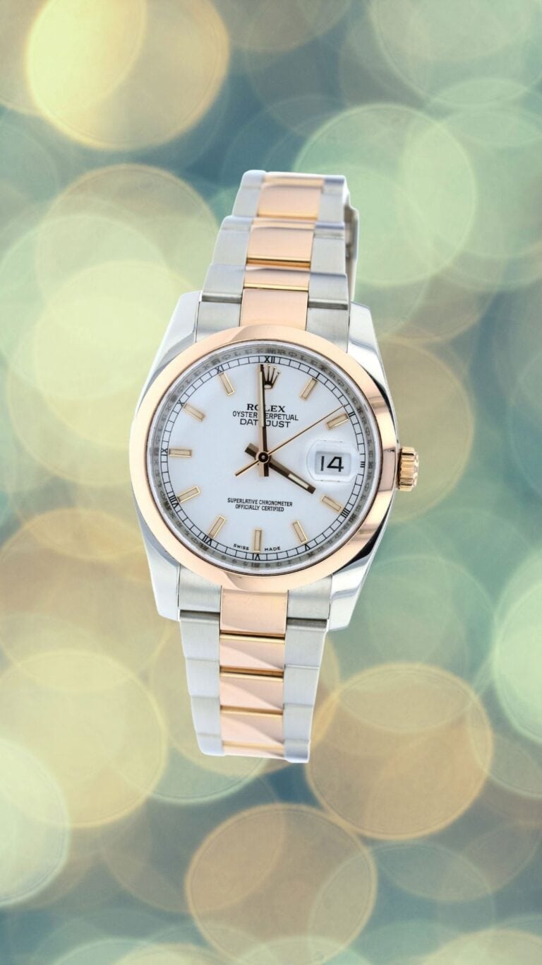 Elegant Rolex watch with gold and silver band, white dial, and date display.