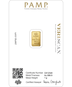 Swiss fine gold bar with 999.9 purity, 1g weight, certified by Houston Gold Exchange.