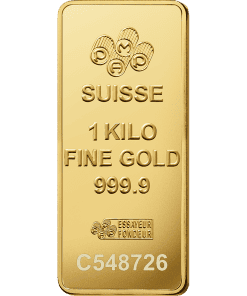 Gold bar with Swiss markings, 1 kilogram fine gold, 999.9 purity, and serial number C548726.