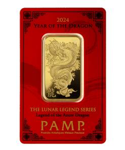 Gold bar featuring the Year of the Dragon for 2024, part of the Lunar Legend Series.