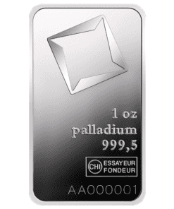 Silver bar with 1 oz palladium, 999.5 purity, and assay details.