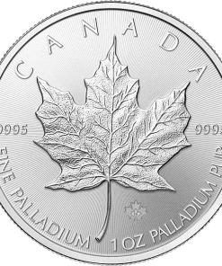 Gold Maple Leaf coin with detailed maple leaf design, made of 1 oz pure palladium, from Canada.
