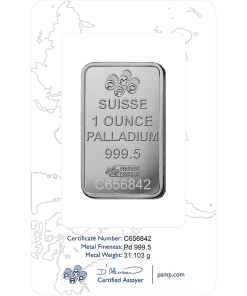 Silver palladium bar with 1 oz weight, .9995 purity, and certification from Houston Gold Exchange.