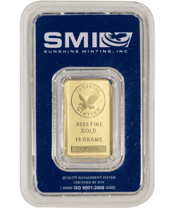 Lingote de oro en estuche protector con el logotipo y los detalles de Sunshine Minting.