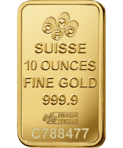Gold bar with Swiss markings, 10 ounces, fine gold 999.9, serial C788477, displayed at Houston Gold.