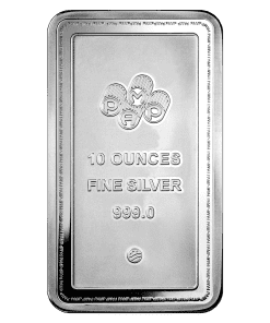 Lingote de plata de 10 onzas y pureza 999,0, ideal para la inversión y el comercio de metales preciosos.