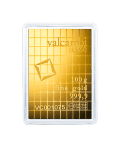 Lingote de oro Valcambi Suisse de 100 g para inversión y joyería.