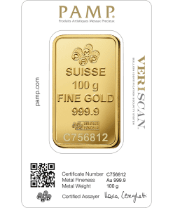 Gold bar featuring Swiss purity, 100 grams, and certification details.