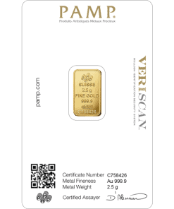 Gold bar with certification from Houston Gold Exchange, 2.5g fine gold, secure and authentic.