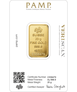 Gold bar with Swiss markings, 20g fine gold, 999.9 purity, certificate number C558479.