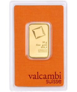 Lingote de oro Valcambi Suisse de 20 g, oro fino 999,9, en estuche protector.