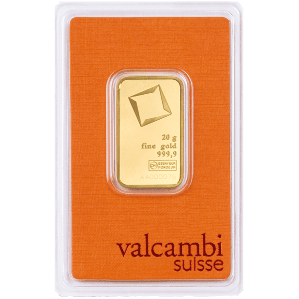 Valcambi Suisse 20g gold bar, pure 999.9 fine gold, in protective case.