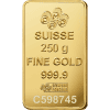 Lingote de oro con marcas suizas, 250 g de oro fino, pureza 999,9 y número de serie C598745.
