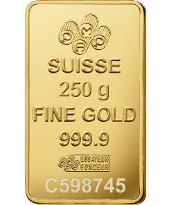 Gold bar featuring Swiss markings, 250g fine gold, 999.9 purity, and serial number C598745.