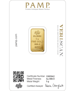 Gold bar featuring Swiss hallmark, 5 grams of pure 999.9 fine gold, certified by assay.