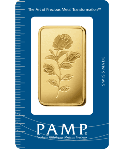 Rose gold bar with engraved rose design, Swiss made, ideal for investment and collection.