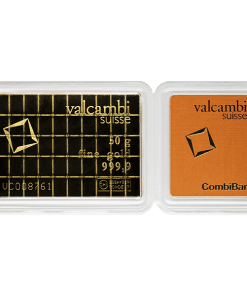 Lingote de oro auténtico Valcambi Suisse de 50 g en empaque protector, ideal para inversión y colección.