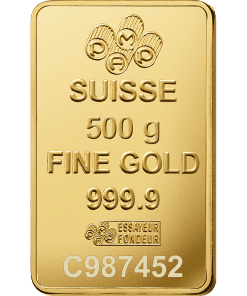 Gold bar featuring Swiss markings, weight, and purity details.