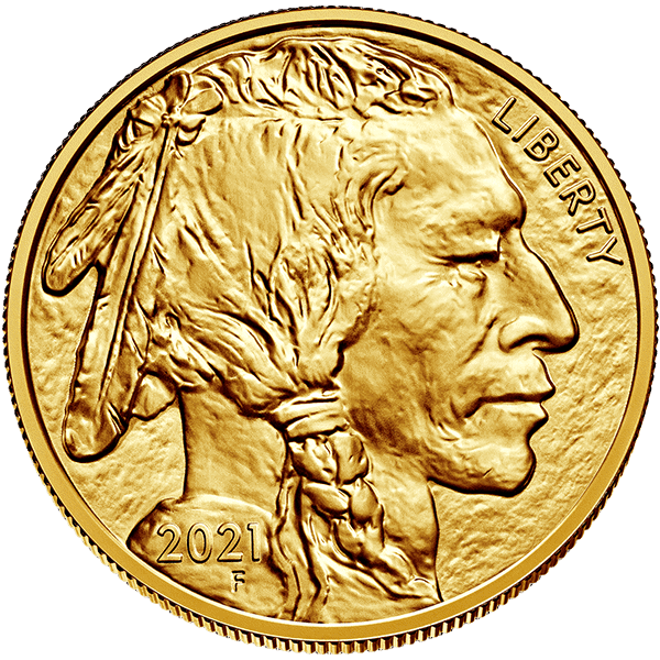 Moneda de oro con el perfil de un nativo americano, un acabado minucioso y la inscripción "LIBERTY".