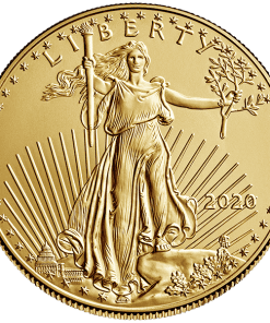 Moneda «Águila Americana» de oro con la Estatua de la Libertad, con un diseño detallado y el año de acuñación 2020, ideal para...