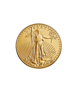 Gold American Eagle coin featuring Lady Liberty holding a torch and olive branch, symbolizing freedo.