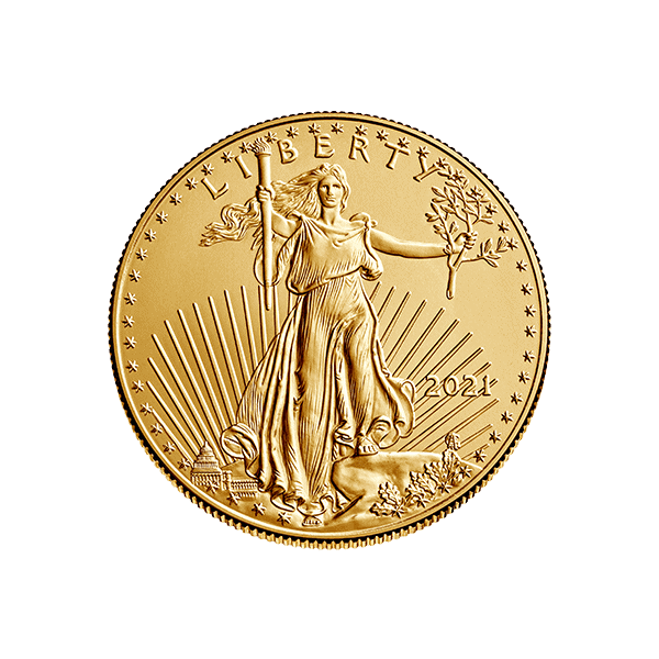 Gold coin with Lady Liberty holding an olive branch and torch, symbolizing freedom and prosperity.