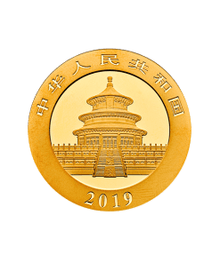 Gold Chinese coin featuring temple design and Chinese characters, 2019.