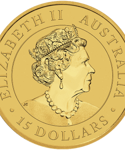 Moneda de oro con el perfil de la reina Isabel II, que destaca por su detallada elaboración y su oro de alta calidad.