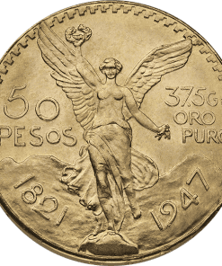 Moneda mexicana de oro de 50 pesos con la imagen de la Victoria alada, 37,5 g de oro puro, acuñada en 1947, ideal para invertir.