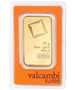 Lingote de oro en estuche protector de plástico con la marca Valcambi Suisse.