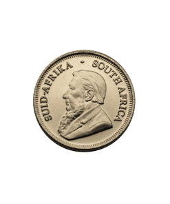 Moneda sudafricana de oro y plata con el perfil de un hombre barbudo, utilizada con fines de inversión y comercio.