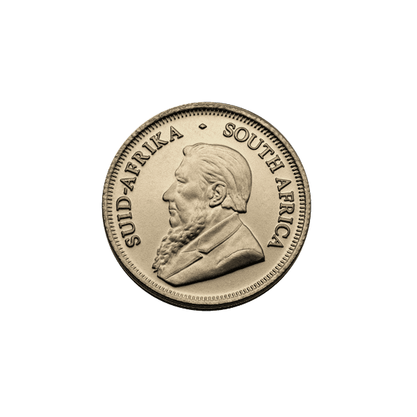 Gold and silver South African coin featuring a profile of a bearded man, used for investment and tra.