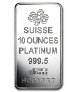 10 oz Swiss platinum silver bar with serial number and logo, ideal for precious metal investment.