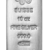 Silver bar featuring Swiss "Suisse" markings and weight details.