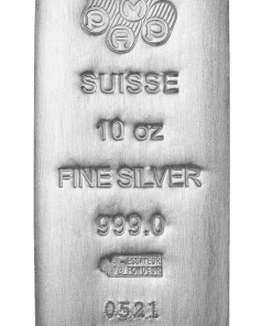 Lingote de plata con marcas suizas "Suisse" e indicaciones de peso.