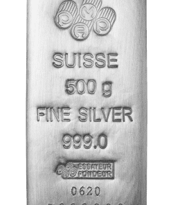 Lingote de plata con marcas suizas y un peso de 500 g.